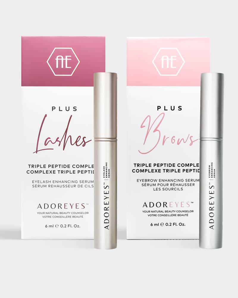 Two boxes and tubes of Adoreyes brows and lash serum in front of a white background